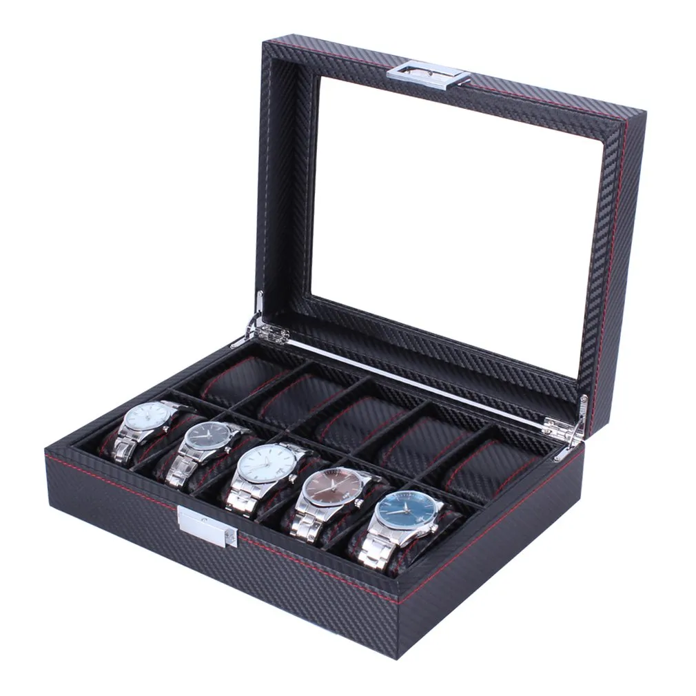 10-Grid Carbon Fiber Pattern Watch Box, Holder, Organizer, Storage, Case & Display