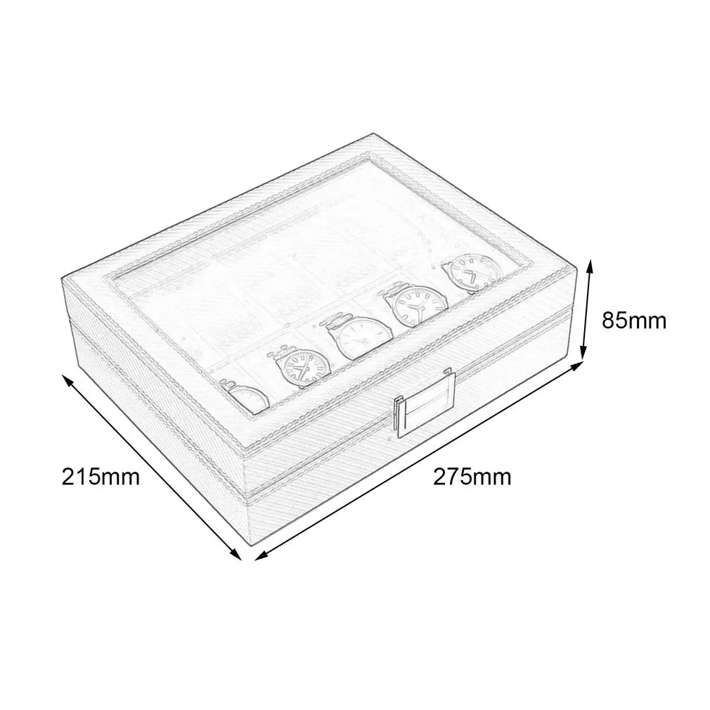 10-Grid Carbon Fiber Pattern Watch Box, Holder, Organizer, Storage, Case & Display