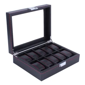 10-Grid Carbon Fiber Pattern Watch Box, Holder, Organizer, Storage, Case & Display