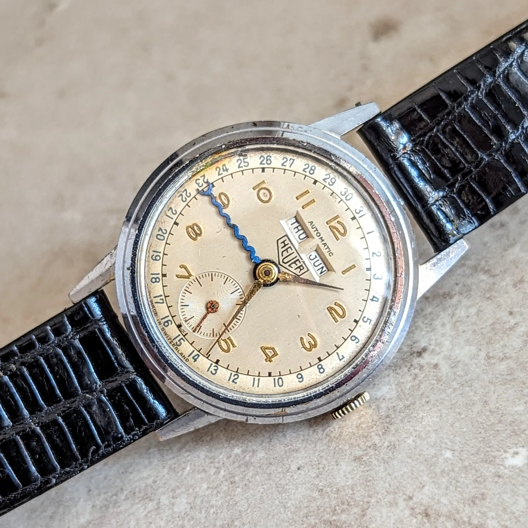 1950s HEUER Bumper Automatic Triple Calendar Wristwatch Ref. 1806 17 Jewels Vintage Watch