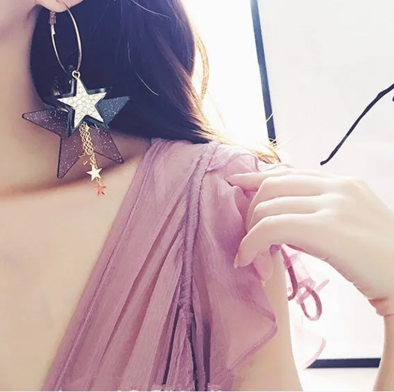 2016 New Trendy Exaggerate Multi-Deck Five-pointed Stars Big Circle Chain Tassel Earrings Pendientes Brincos For Women ED027