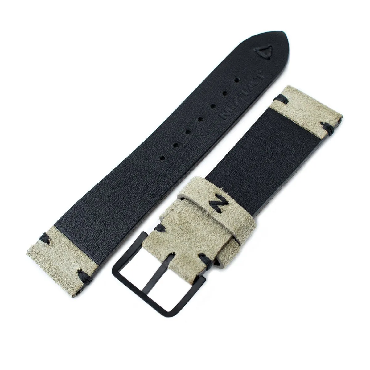 20mm, 21mm, 22mm MiLTAT Grey Green Genuine Nubuck Leather Watch Strap, Black Stitching, PVD Buckle