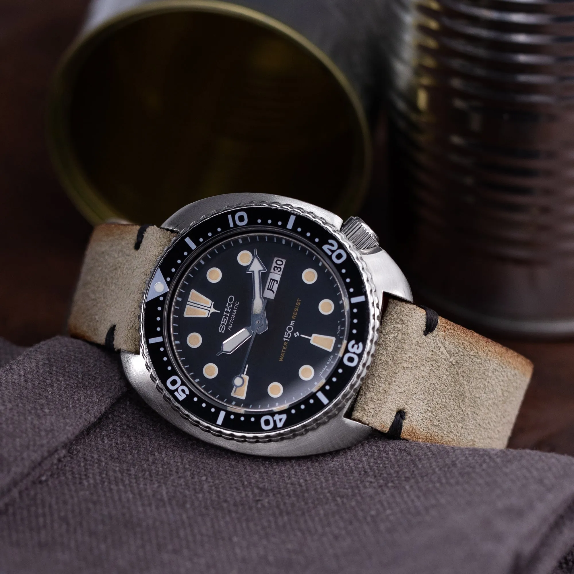 20mm, 21mm, 22mm MiLTAT Grey Green Genuine Nubuck Leather Watch Strap, Black Stitching, PVD Buckle