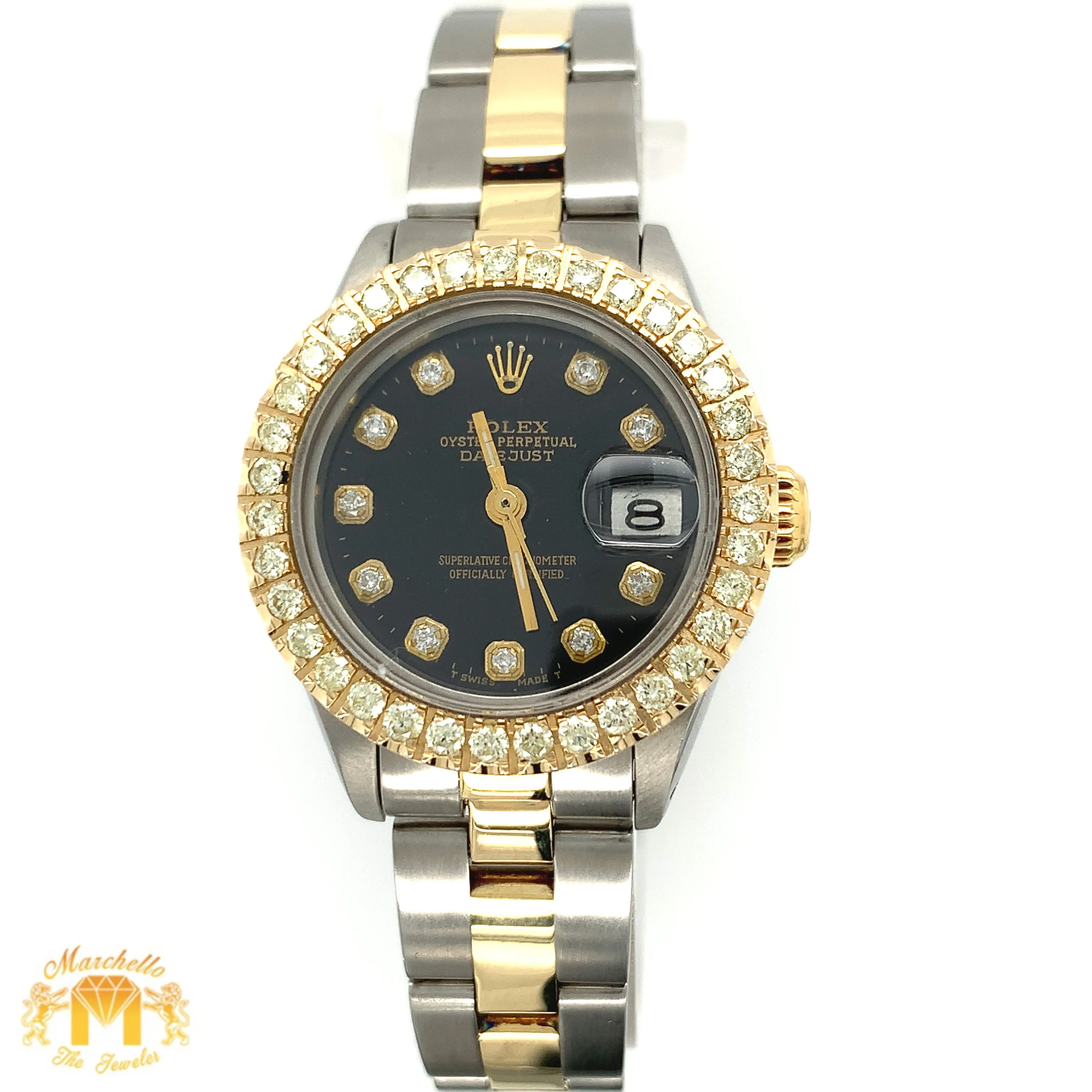 26mm Ladies’ Rolex Datejust Diamond Watch with Two-tone Oyster Bracelet (custom black diamond dial)