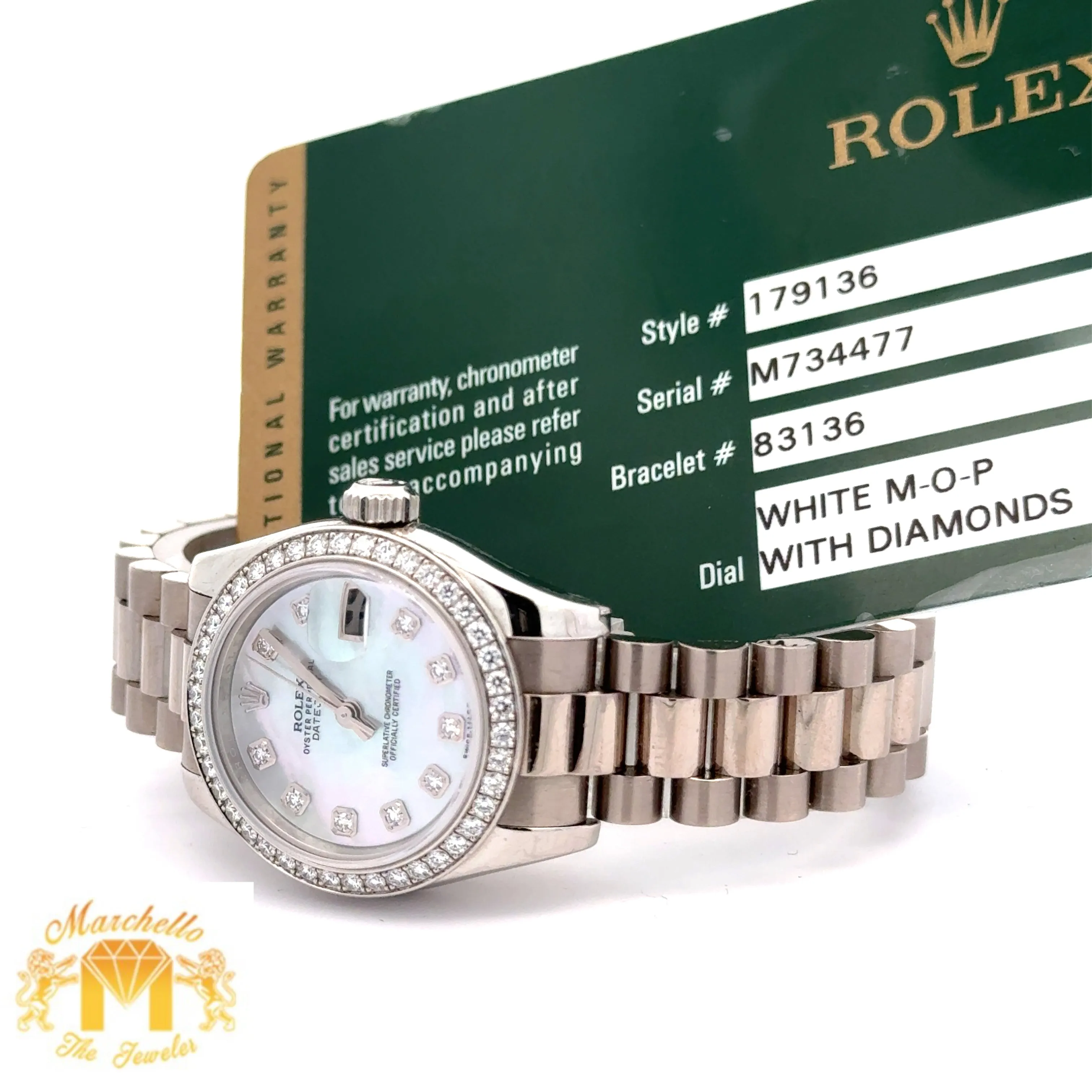 26mm Rolex Datejust Platinum Diamond Watch (Mother of pearl (MOP) diamond dial, diamond bezel) (Rolex papers)