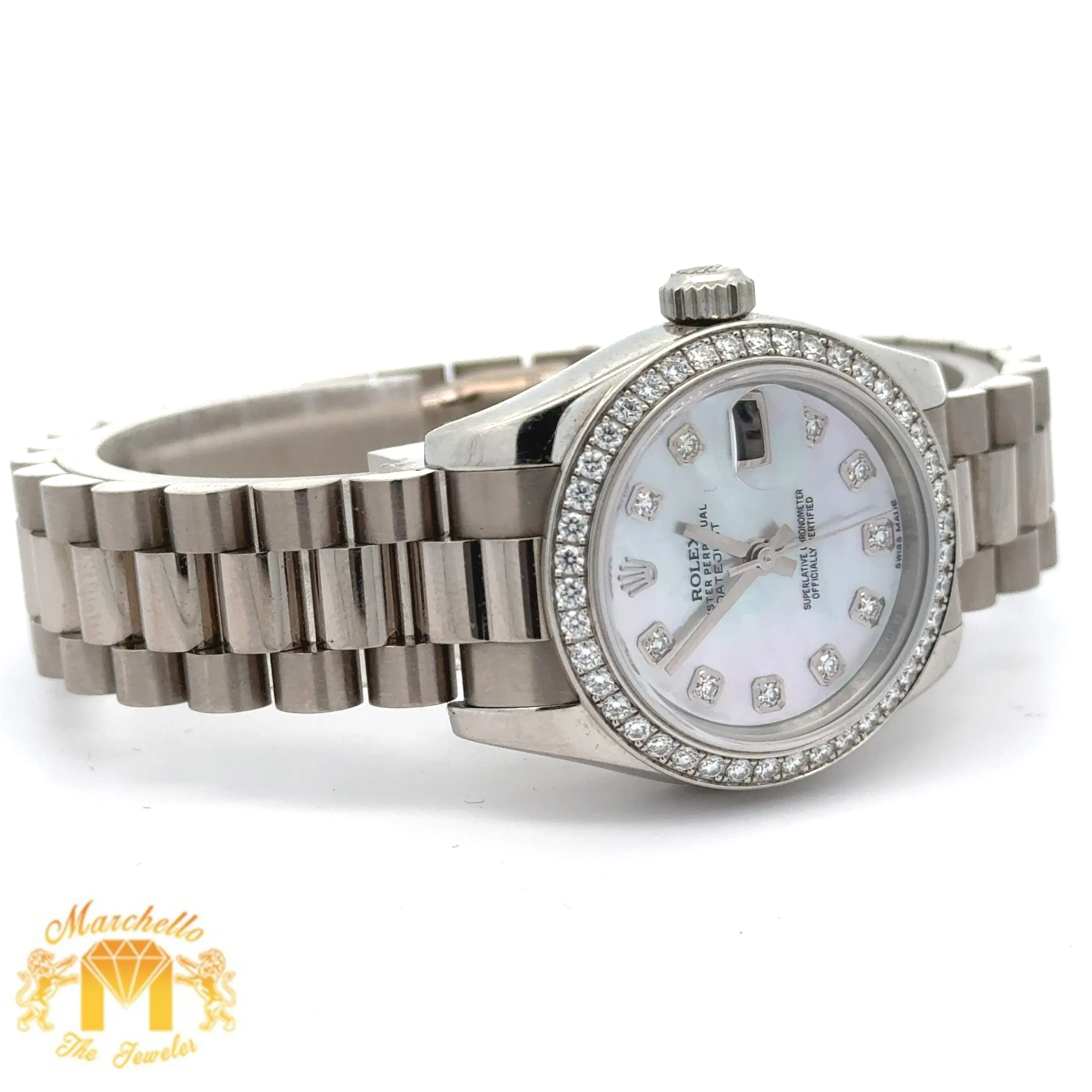 26mm Rolex Datejust Platinum Diamond Watch (Mother of pearl (MOP) diamond dial, diamond bezel) (Rolex papers)