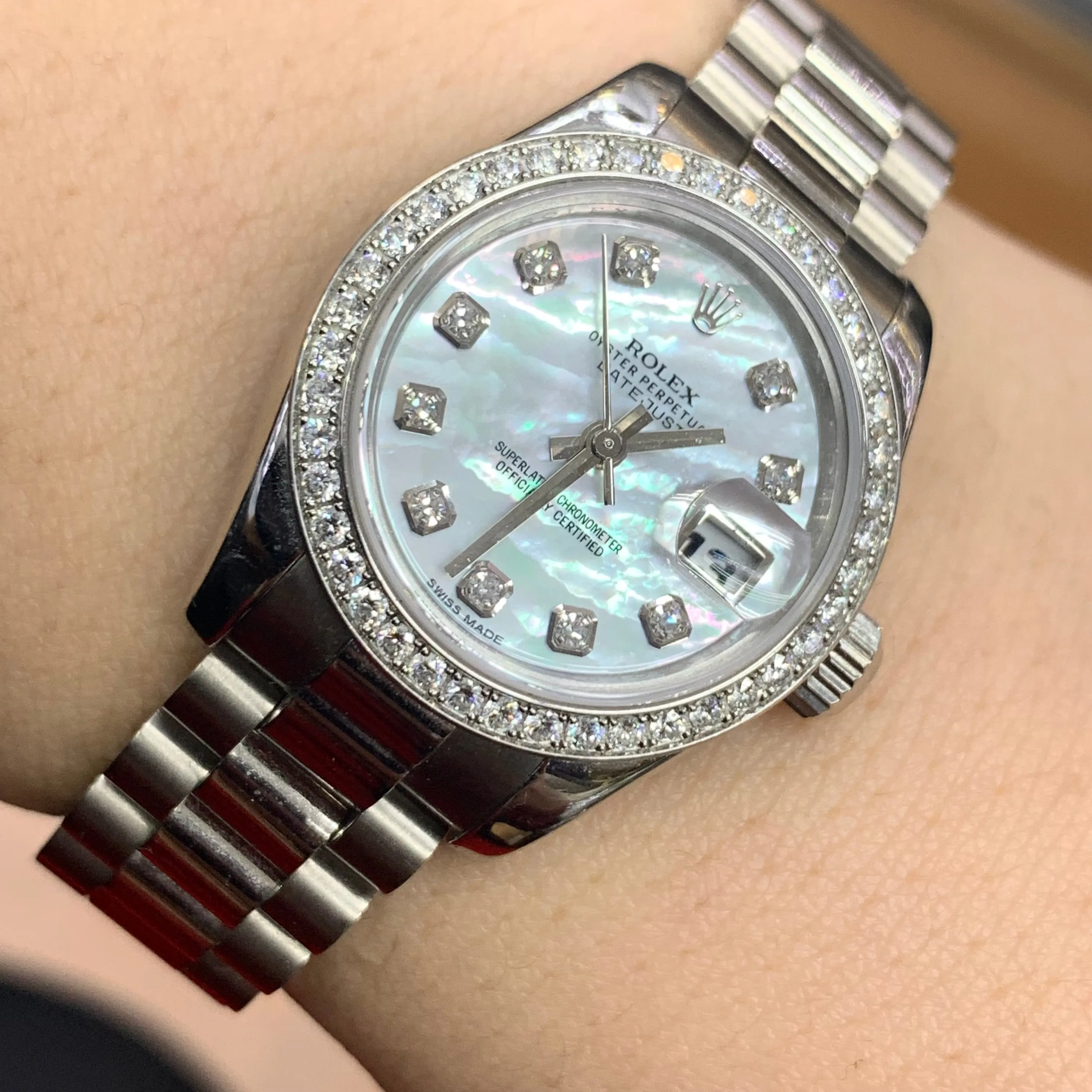 26mm Rolex Datejust Platinum Diamond Watch (Mother of pearl (MOP) diamond dial, diamond bezel) (Rolex papers)