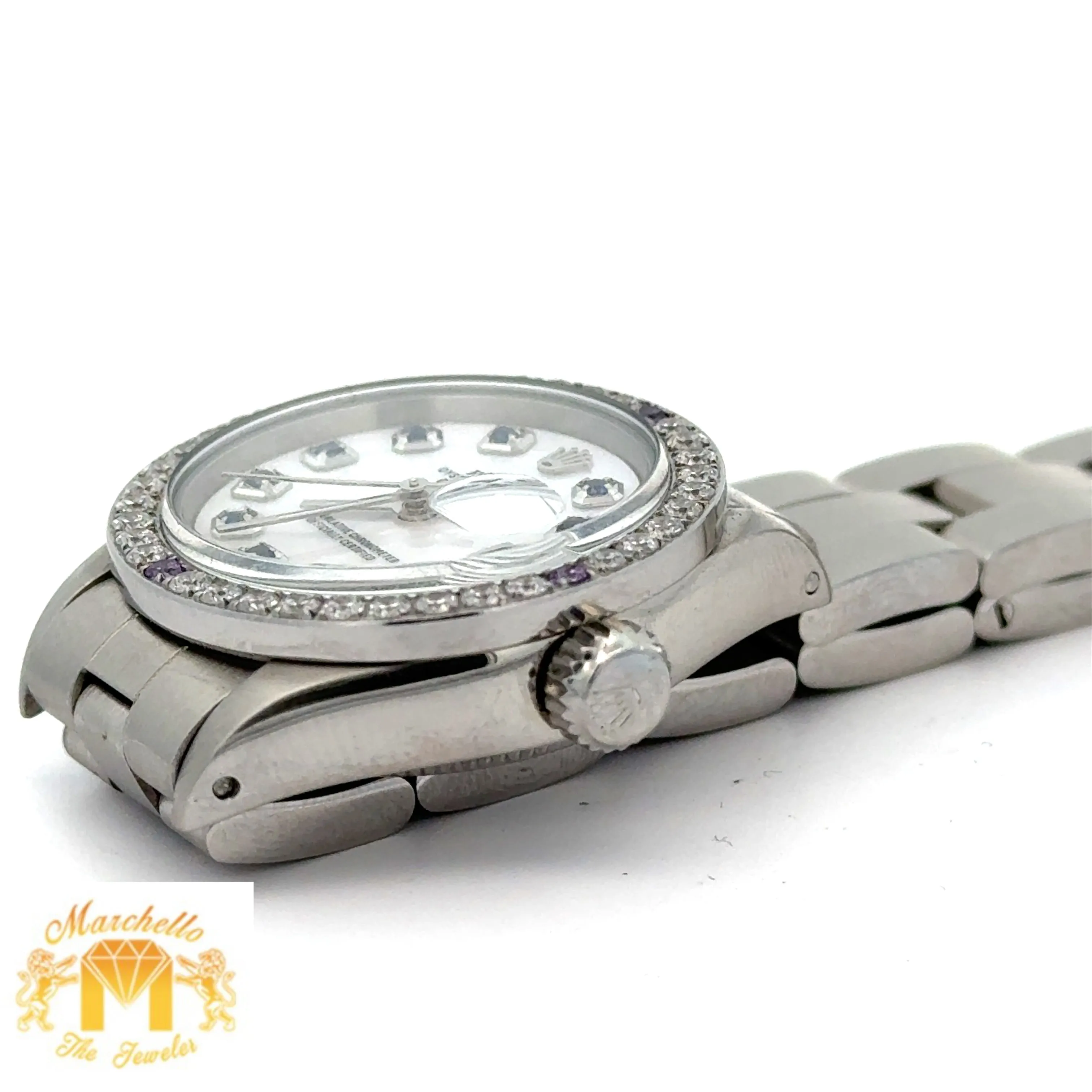 26mm Rolex Diamond Watch with Stainless Steel Oyster Bracelet (custom diamond dial, custom diamond bezel)