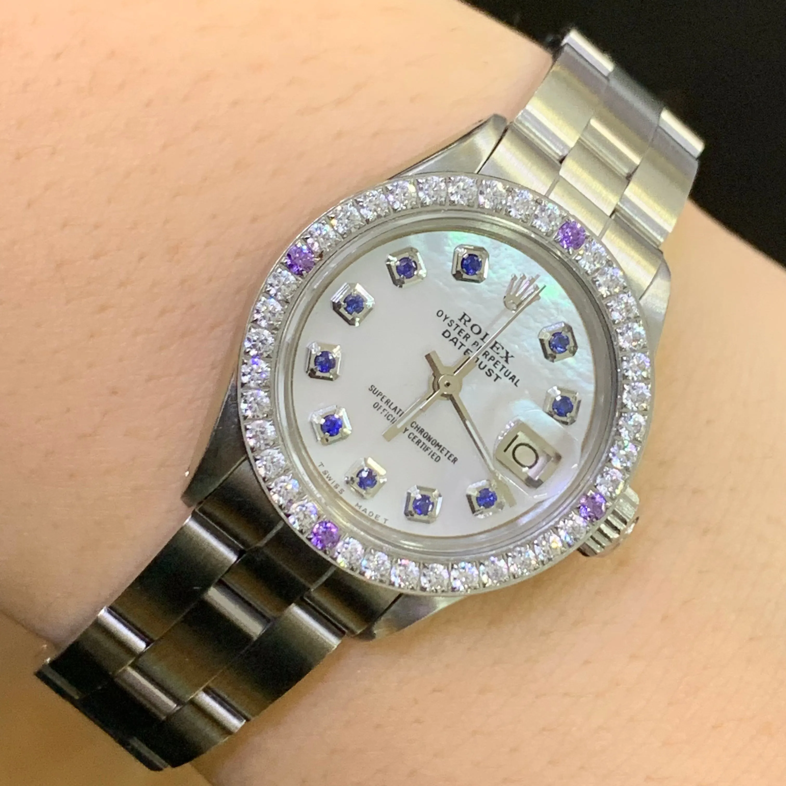 26mm Rolex Diamond Watch with Stainless Steel Oyster Bracelet (custom diamond dial, custom diamond bezel)