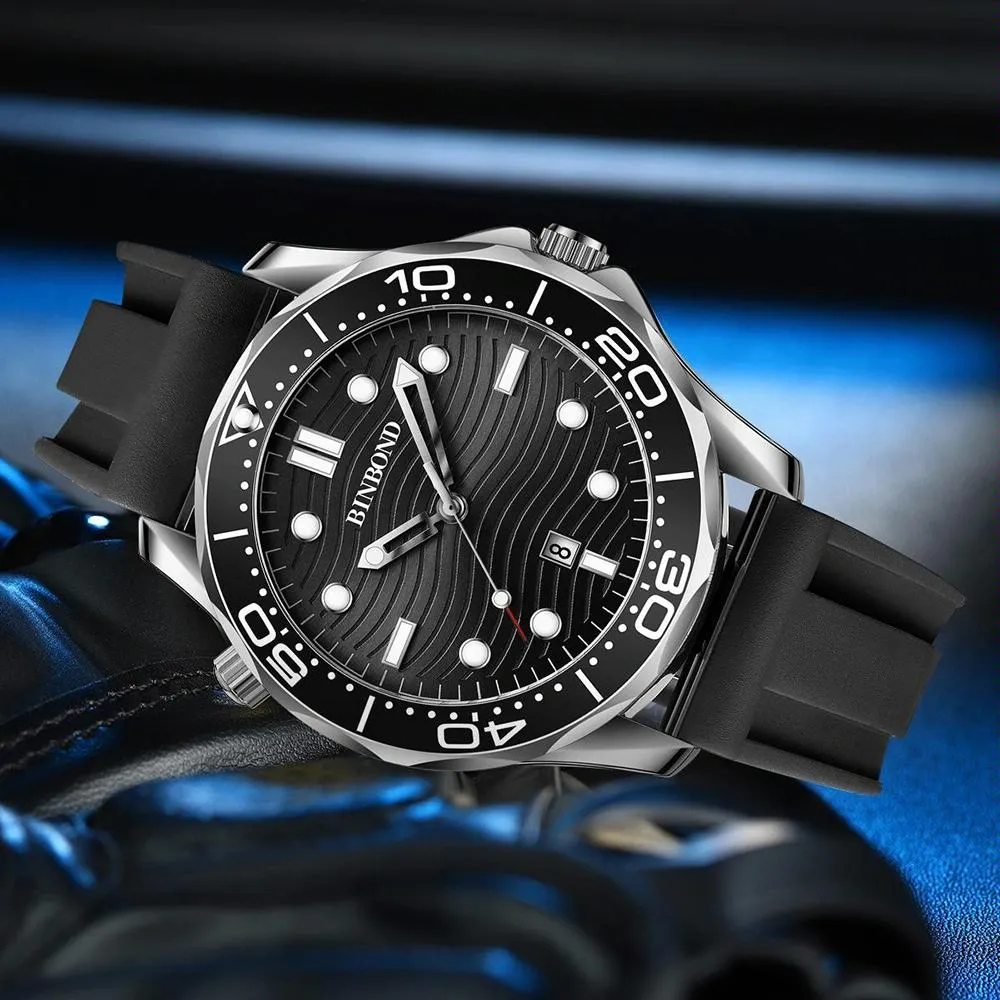30m Waterproof Men Sports Quartz Watch - Black Steel with Luminous White Surface