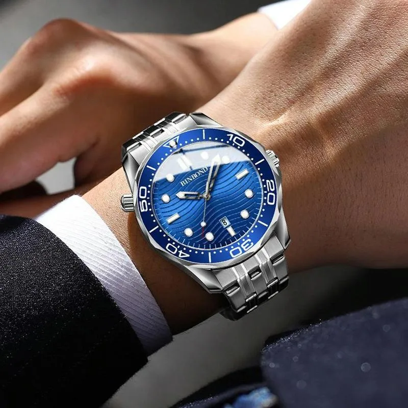 30m Waterproof Men Sports Quartz Watch - Black Steel with Luminous White Surface