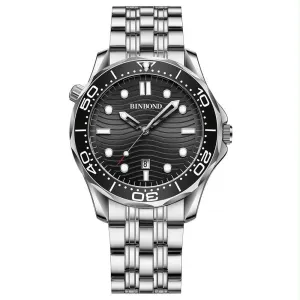 30m Waterproof Men Sports Quartz Watch - White Steel with Luminous Black Surface