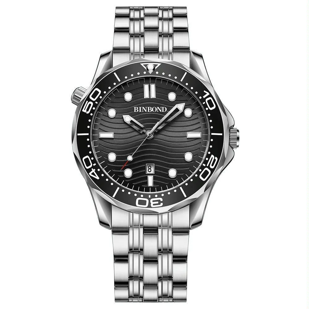 30m Waterproof Men Sports Quartz Watch - White Steel with Luminous Black Surface