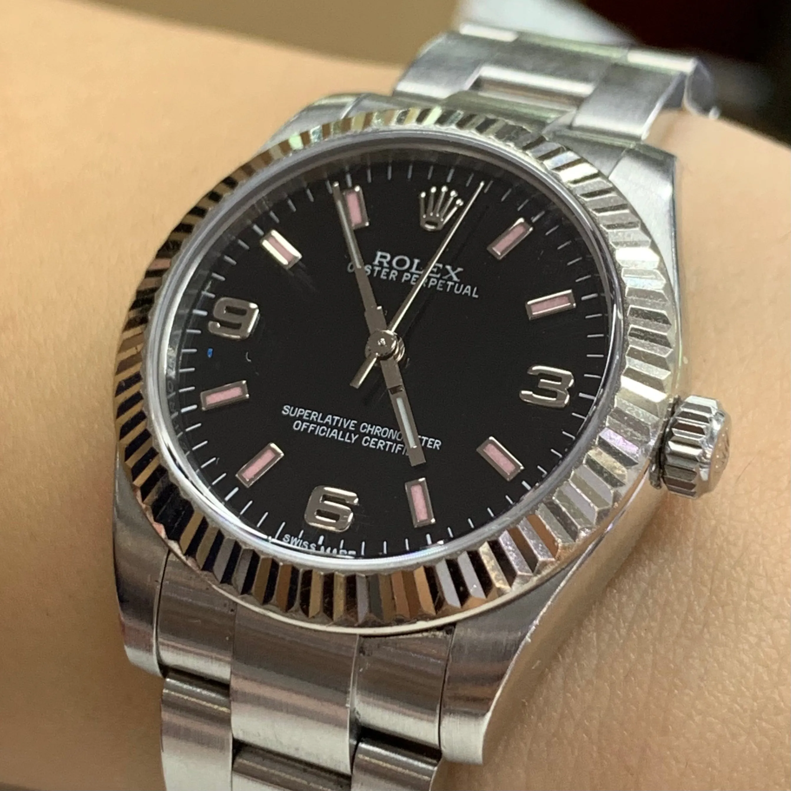 31mm Rolex Watch with Stainless Steel Oyster Bracelet (black dial with pink hour markers)
