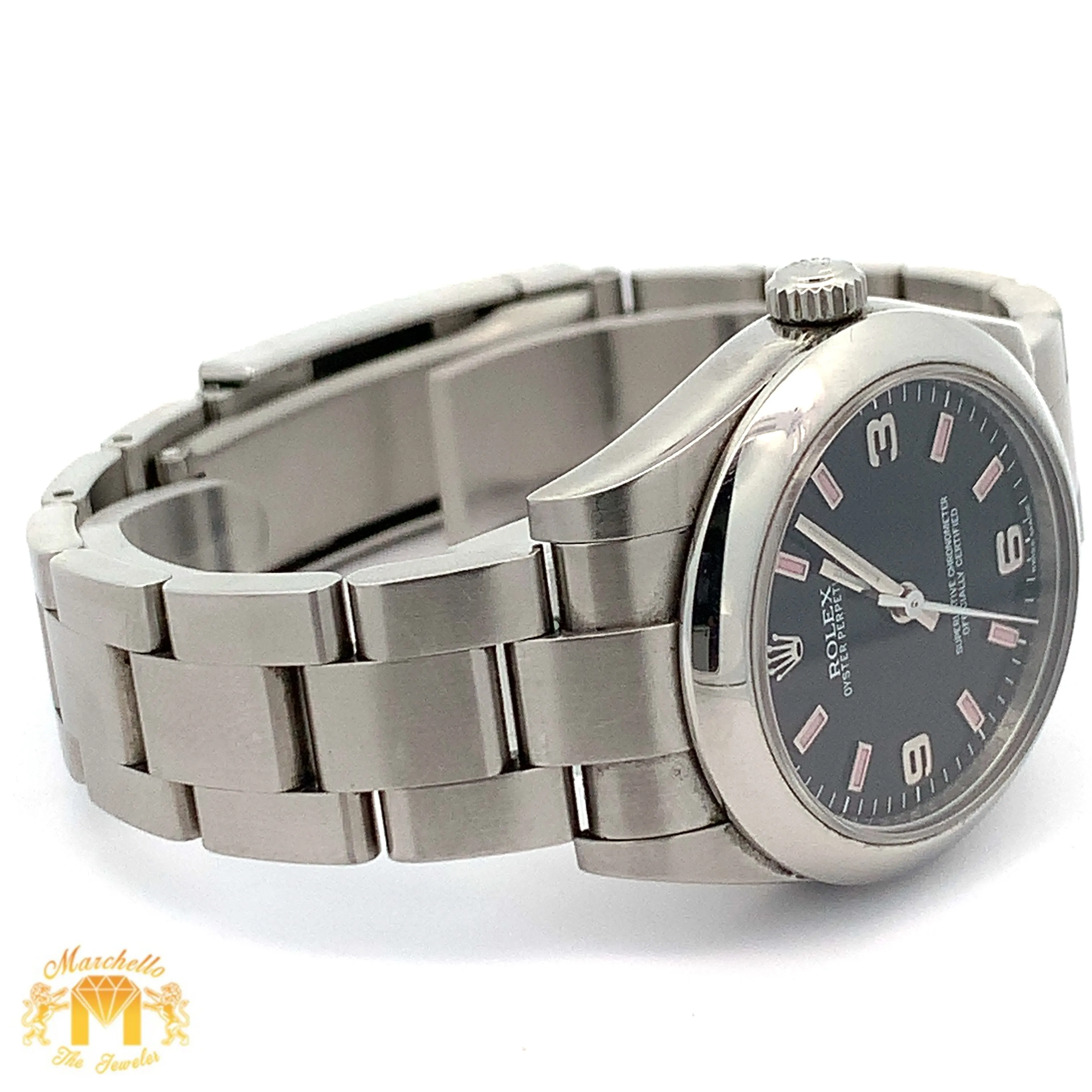 31mm Rolex Watch with Stainless Steel Oyster Bracelet (black dial with pink hour markers)(engraved model)
