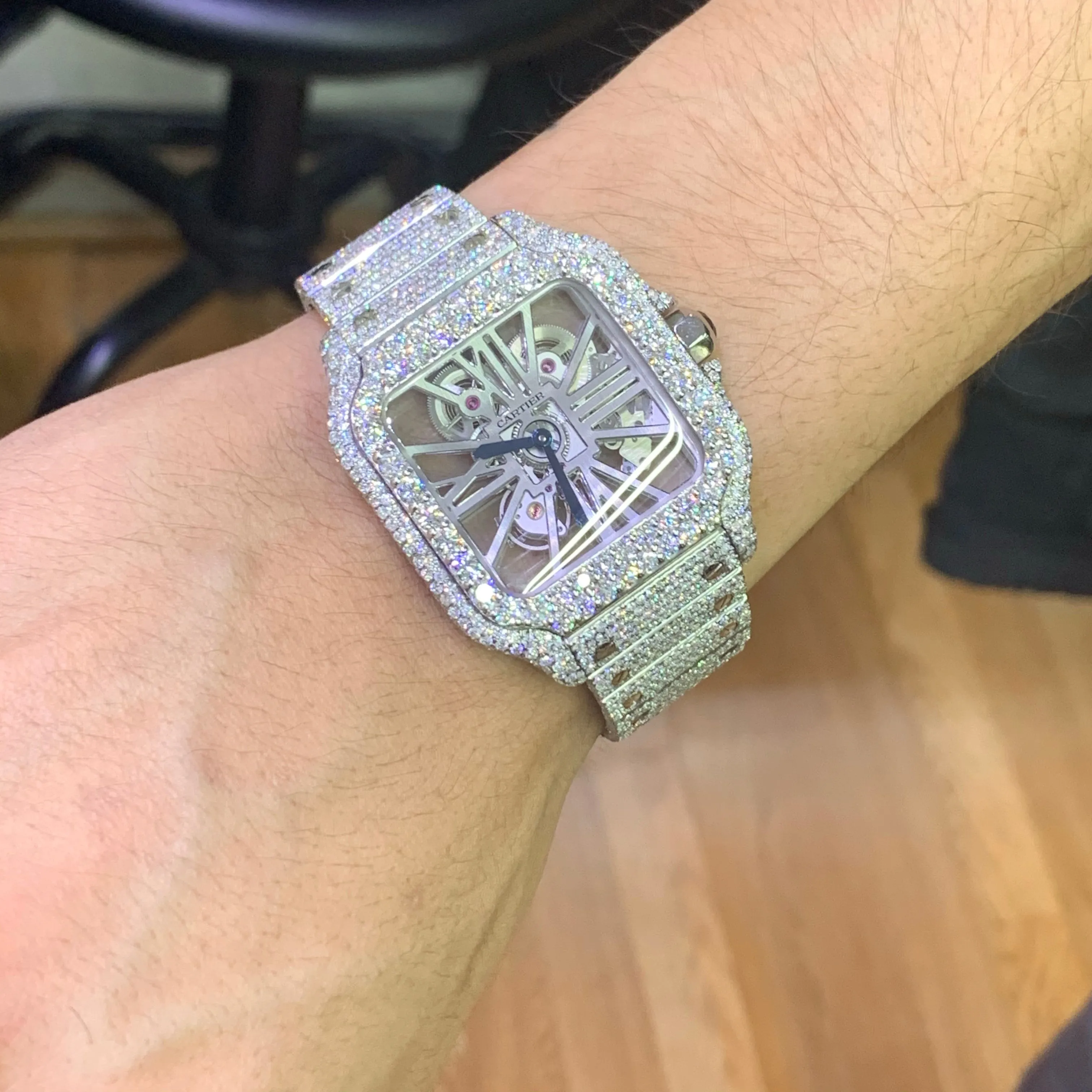 40mm Iced Out Cartier Santos Diamond Watch  (stainless steel, skeleton)