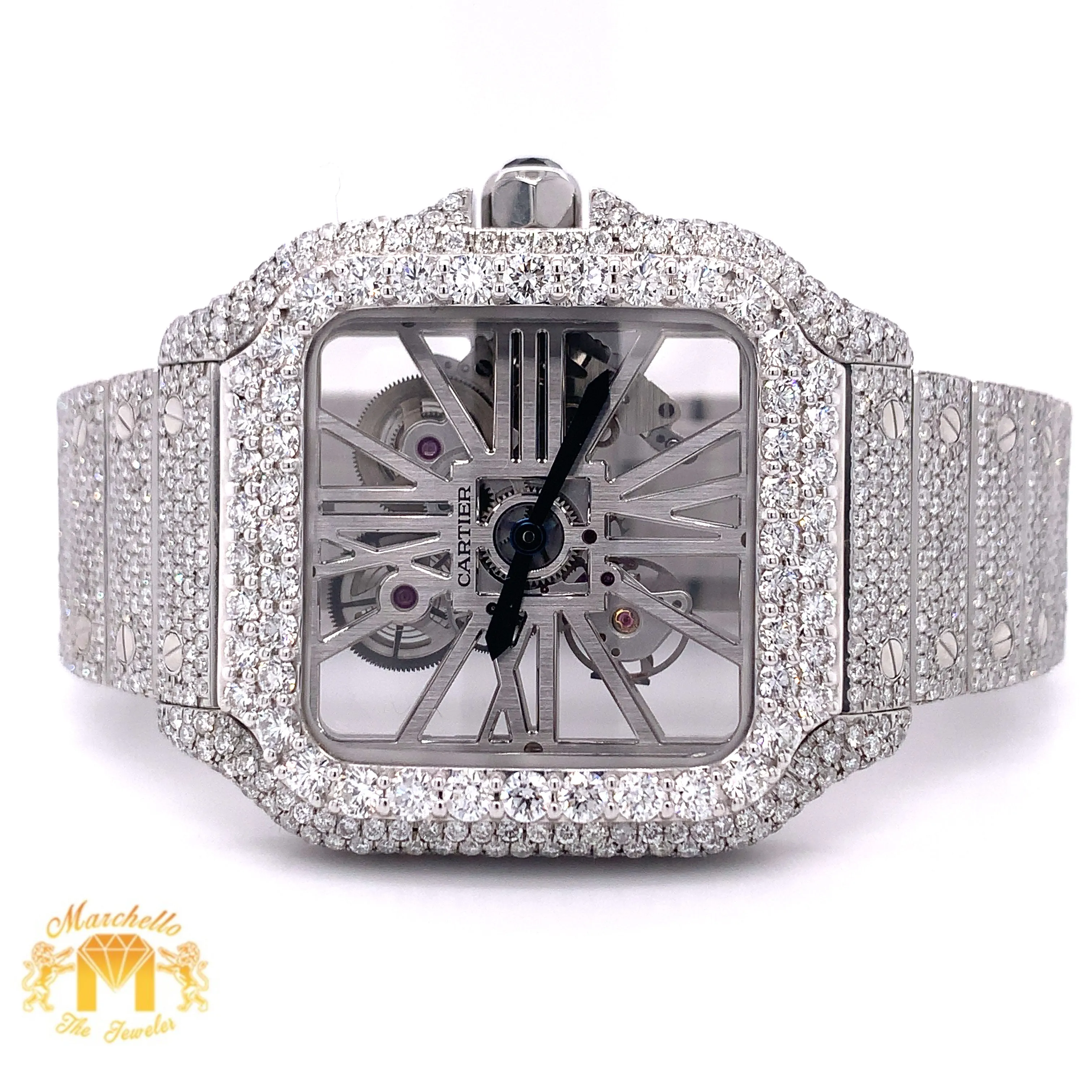 40mm Iced Out Cartier Santos Diamond Watch  (stainless steel, skeleton)