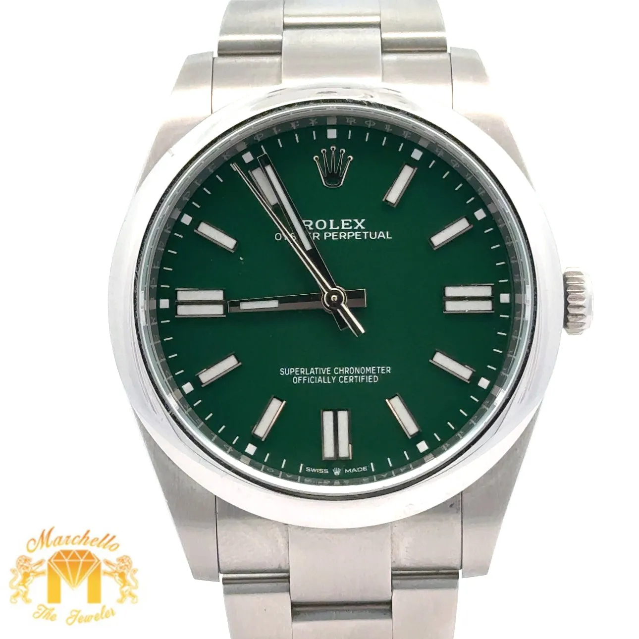 41mm Rolex Watch with Stainless Steel Oyster Bracelet (Rolex papers, smooth bezel, green dial) (Model number: 124300)