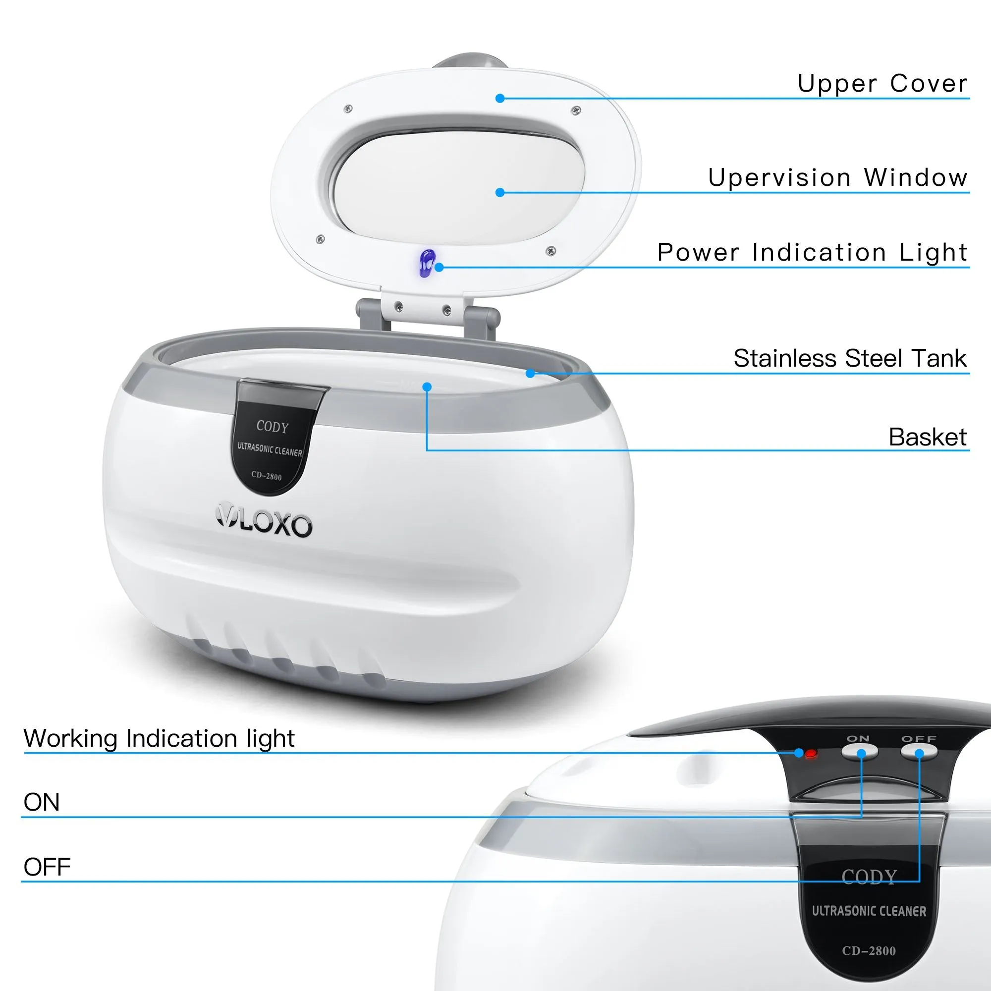 600ml Ultrasonic Cleaner-VLOXO Ultrasonic Cleaner 42kHz Ultrasonic Device for Glasses Watches Jewelry Earrings Necklaces Razors Dentures Tools Cosmetic Brush 50W Cleaning Bath White-cd2800