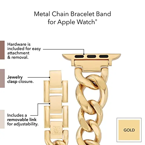 Anne Klein Fashion Chain Bracelet for Apple Watch, Secure, Adjustable, Apple Watch Replacement Band, Fits Most Wrists (38/40/41mm, Gold),WK-1016GPGP