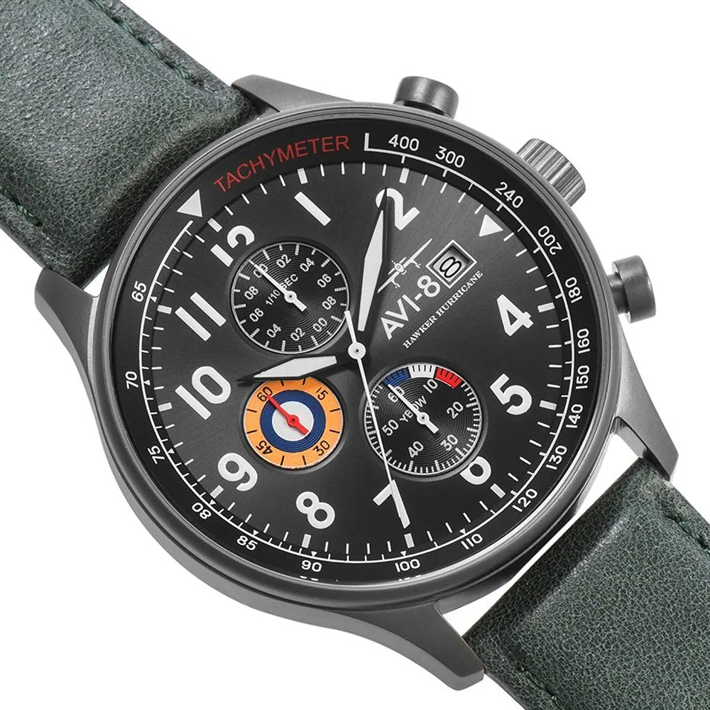 AVI-8  Mens Green Leather Band Stainless Steel Case Quartz Dial Hawker Hurricane Watch - AV-4011-0D