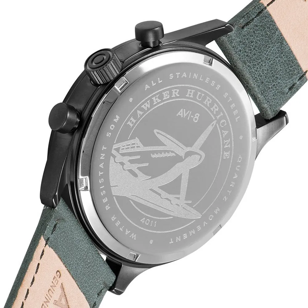 AVI-8  Mens Green Leather Band Stainless Steel Case Quartz Dial Hawker Hurricane Watch - AV-4011-0D