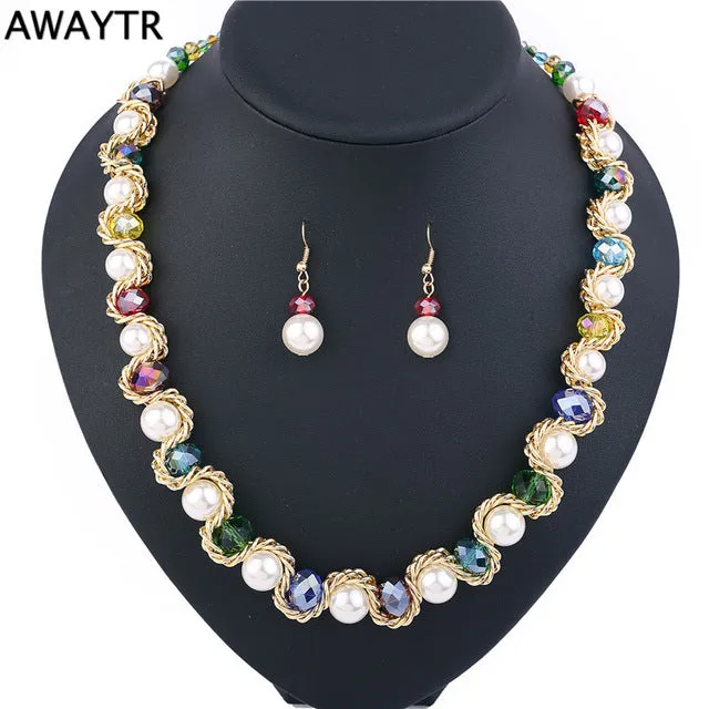 AWAYTR 2017 Elegant Women Crystal Pearl Jewelry Set New Costume Simulated-pearl Necklace Earrings Jewelry Sets For Wedding Gift