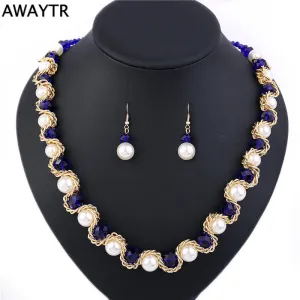 AWAYTR 2017 Elegant Women Crystal Pearl Jewelry Set New Costume Simulated-pearl Necklace Earrings Jewelry Sets For Wedding Gift