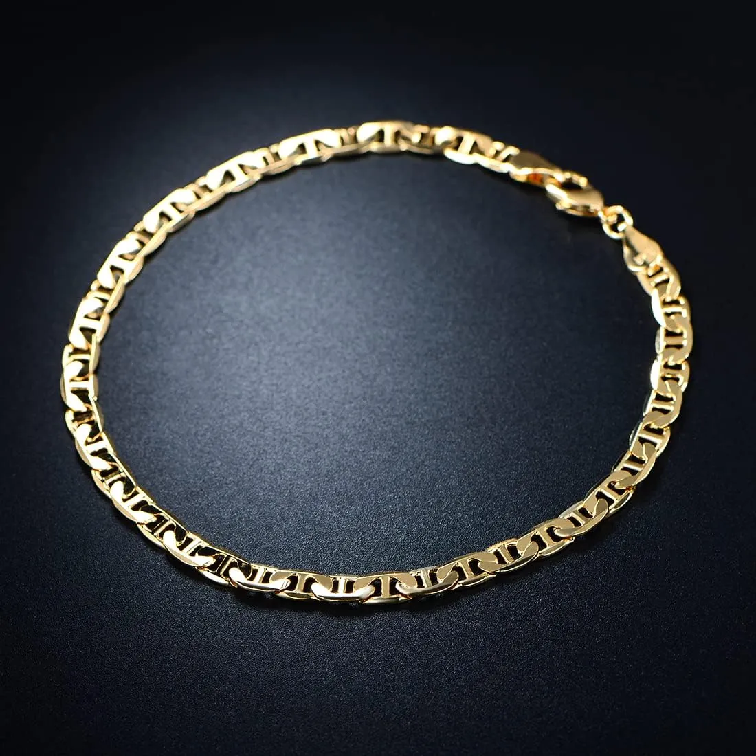 Barzel 18K Gold Plated Flat Mariner/Marina Link Chain Bracelet - Made In Brazil
