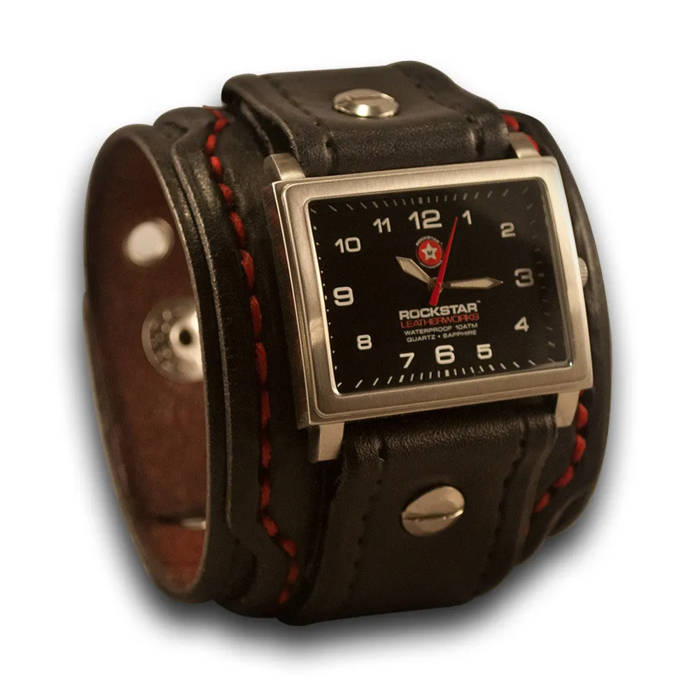 Black Layered Leather Cuff Watch with 42mm, Eyelets & Snaps