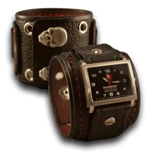 Black Layered Leather Cuff Watch with 42mm, Eyelets & Snaps