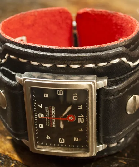Black Layered Leather Cuff Watch with 42mm Stainless, Sapphire