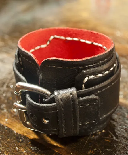 Black Layered Leather Cuff Watch with 42mm Stainless, Sapphire