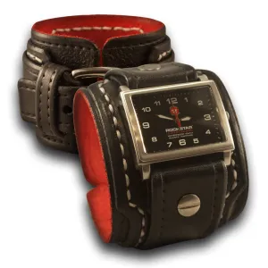 Black Layered Leather Cuff Watch with 42mm Stainless, Sapphire