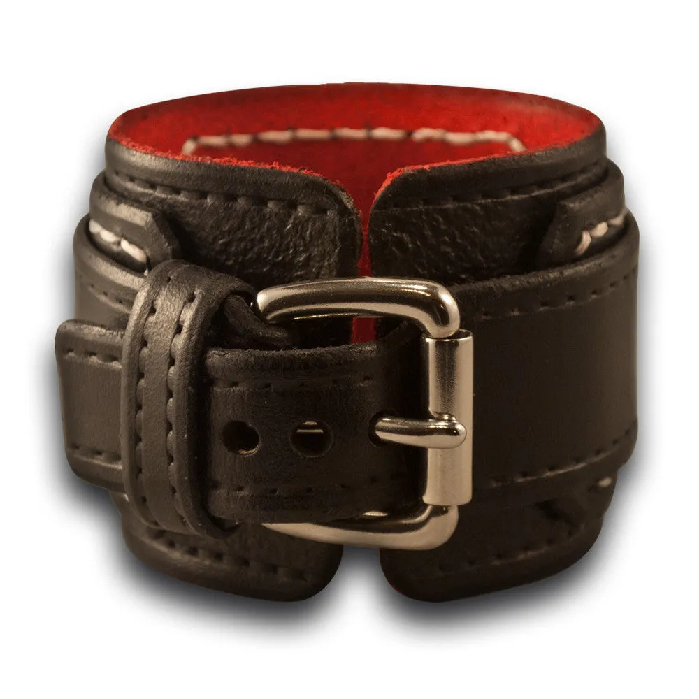 Black Layered Leather Cuff Watch with 42mm Stainless, Sapphire