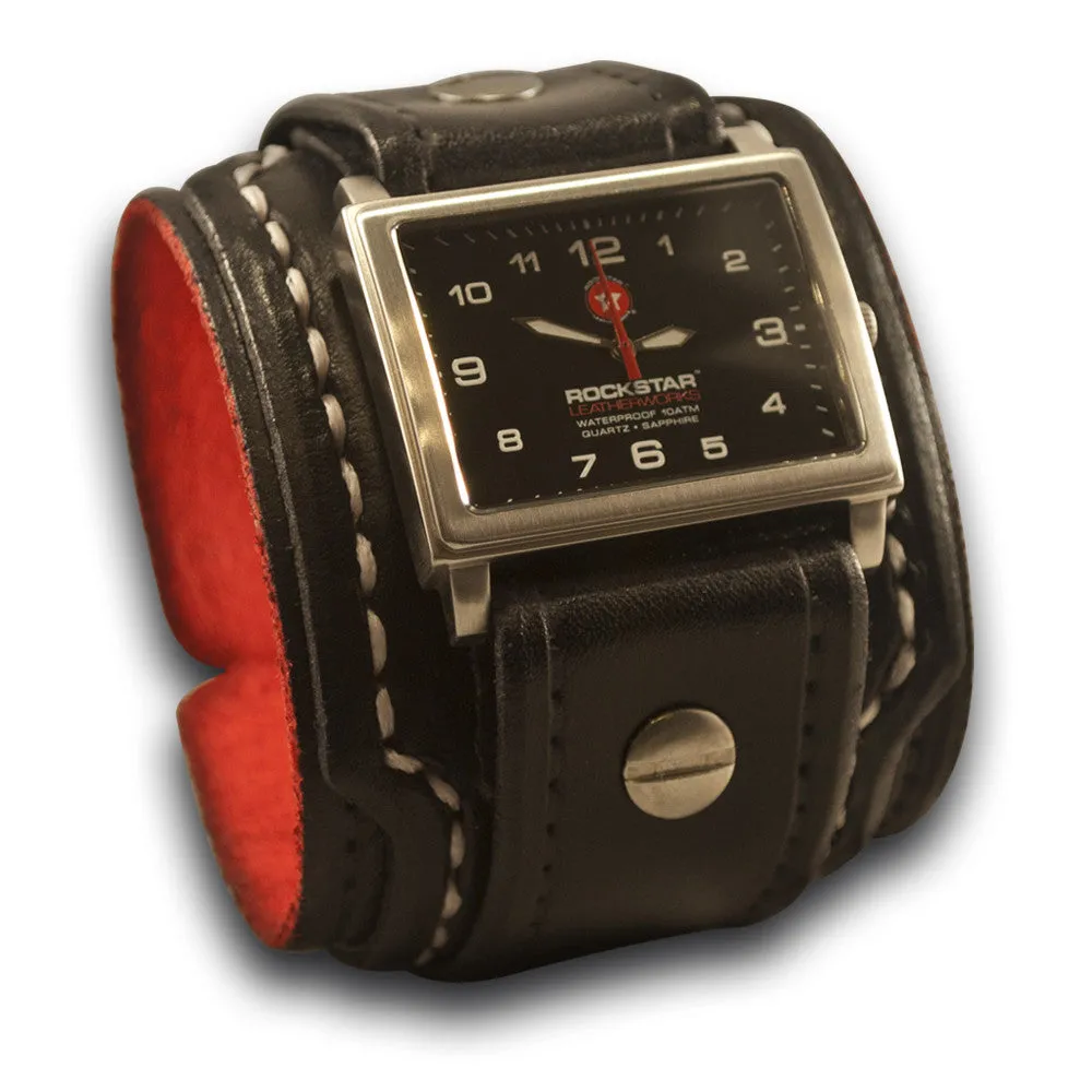 Black Layered Leather Cuff Watch with 42mm Stainless, Sapphire