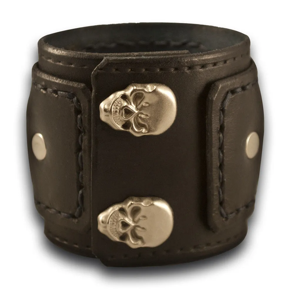 Black Layered Wide Leather Cuff Watch with Skull Snaps