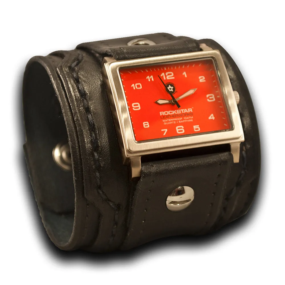 Black Layered Wide Leather Cuff Watch with Skull Snaps