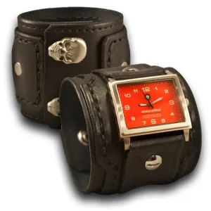 Black Layered Wide Leather Cuff Watch with Skull Snaps