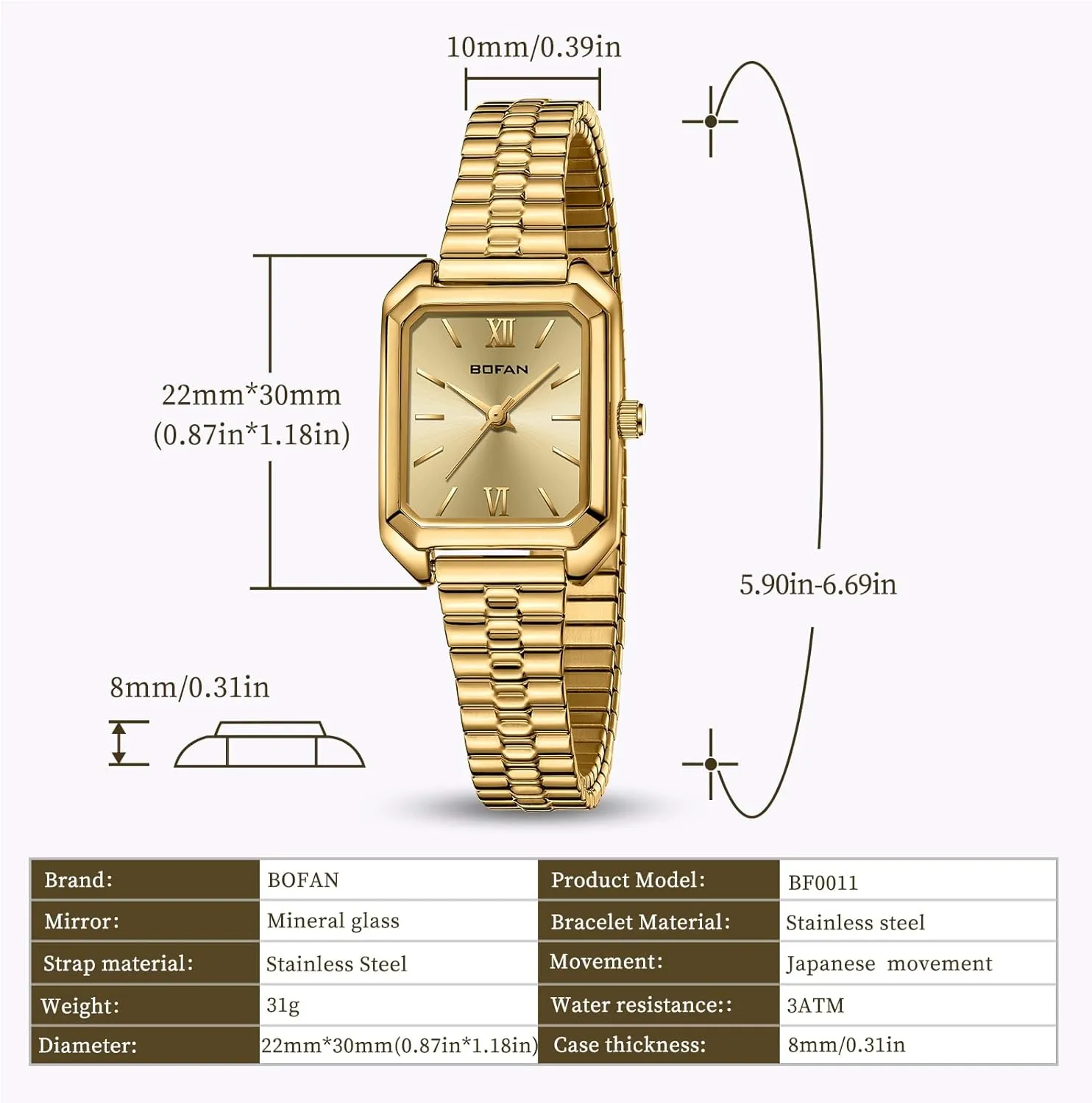 BOFAN Square Small Gold Watches for Women Easy Read Ladies Quartz Wrist Watch with Stainless Steel Expansion Band,Water Resistant.