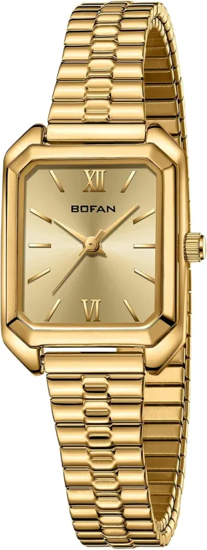 BOFAN Square Small Gold Watches for Women Easy Read Ladies Quartz Wrist Watch with Stainless Steel Expansion Band,Water Resistant.