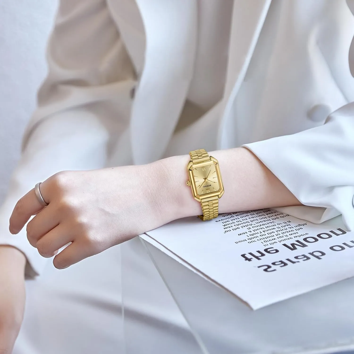 BOFAN Square Small Gold Watches for Women Easy Read Ladies Quartz Wrist Watch with Stainless Steel Expansion Band,Water Resistant.