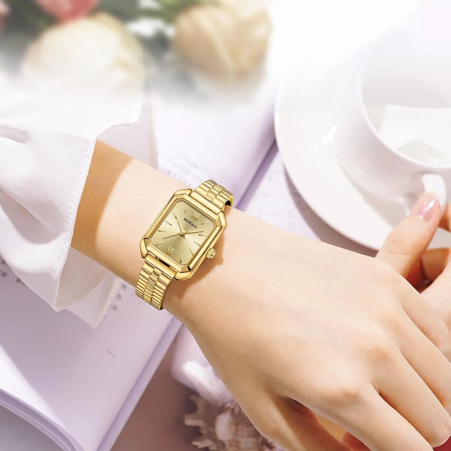 BOFAN Square Small Gold Watches for Women Easy Read Ladies Quartz Wrist Watch with Stainless Steel Expansion Band,Water Resistant.