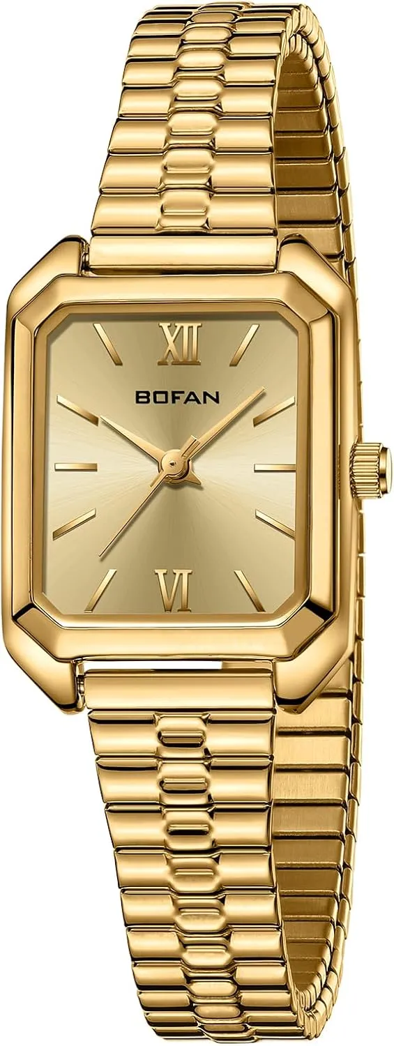 BOFAN Square Small Gold Watches for Women Easy Read Ladies Quartz Wrist Watch with Stainless Steel Expansion Band,Water Resistant.