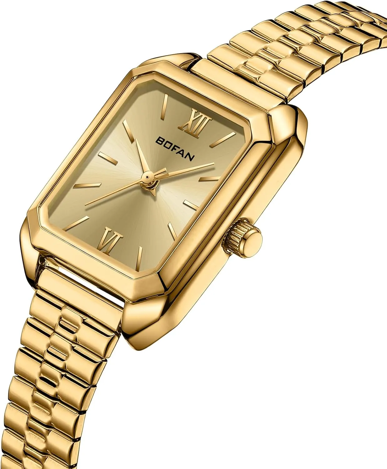 BOFAN Square Small Gold Watches for Women Easy Read Ladies Quartz Wrist Watch with Stainless Steel Expansion Band,Water Resistant.