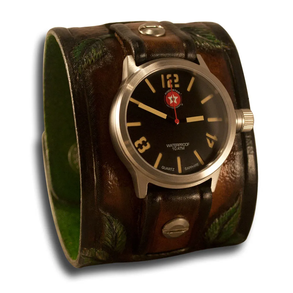 Brown Leather Cuff Watch Rose & Vines with Snaps & 42mm Watch
