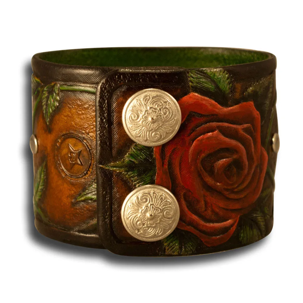 Brown Leather Cuff Watch Rose & Vines with Snaps & 42mm Watch