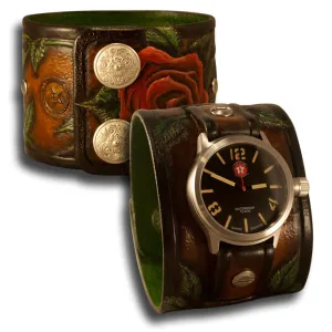 Brown Leather Cuff Watch Rose & Vines with Snaps & 42mm Watch