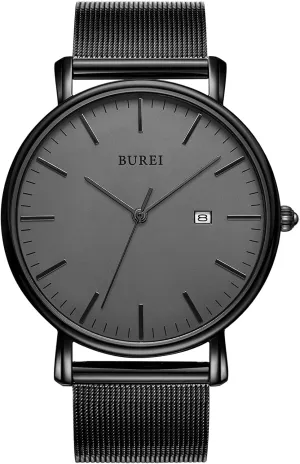 BUREI Men Watches Brown Leather Fashion Minimalist Wrist Watch Simple Ultra Thin Waterproof Quartz Watches All Black Stainless Steel Mesh Band,Gift for Men Women
