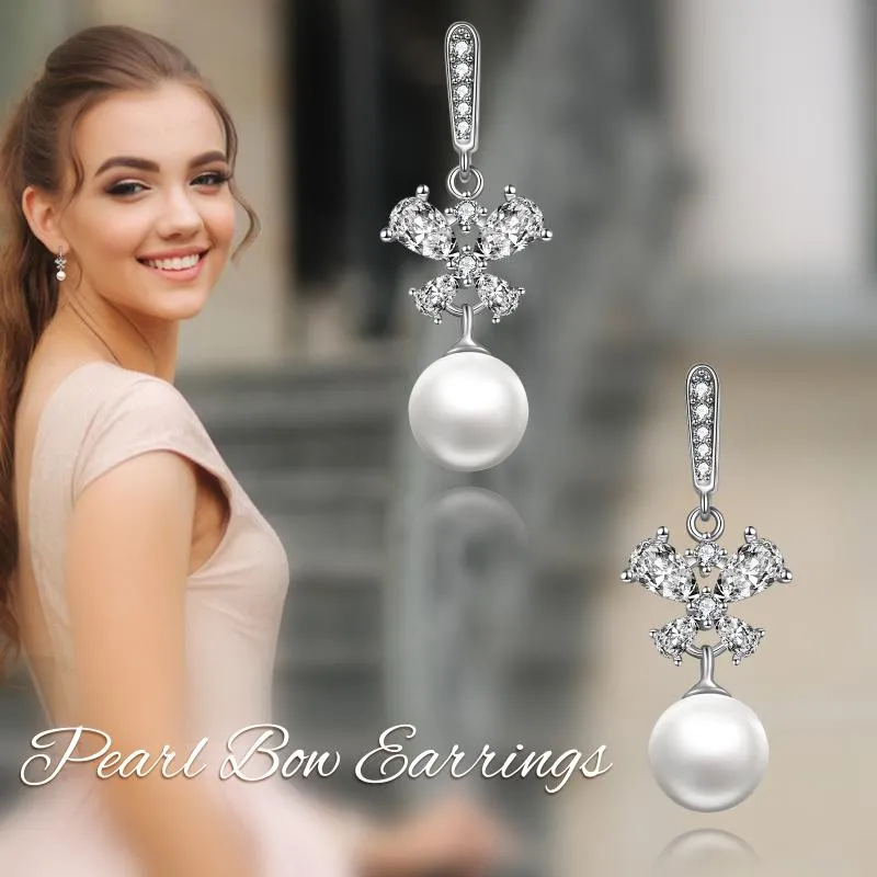 Butterfly Earrings Sterling Silver Cubic Zirconia Dangle Drop Earrings with Pearl Jewelry Gifts for Women